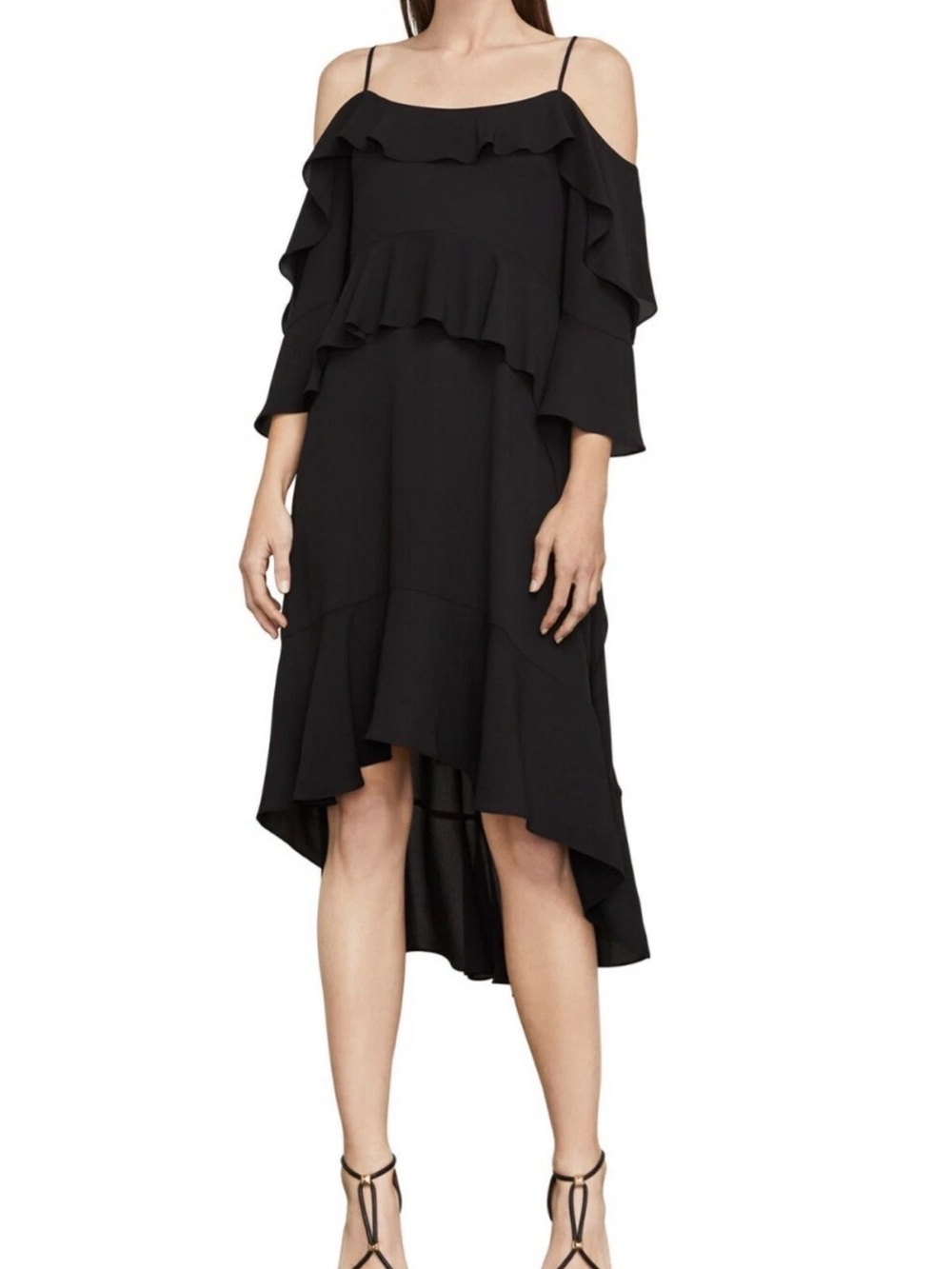 BCBGMAXAZRIA Lorelie Black Asymmetrical Tiered Ruffle Dress Cold Shoulder NWT